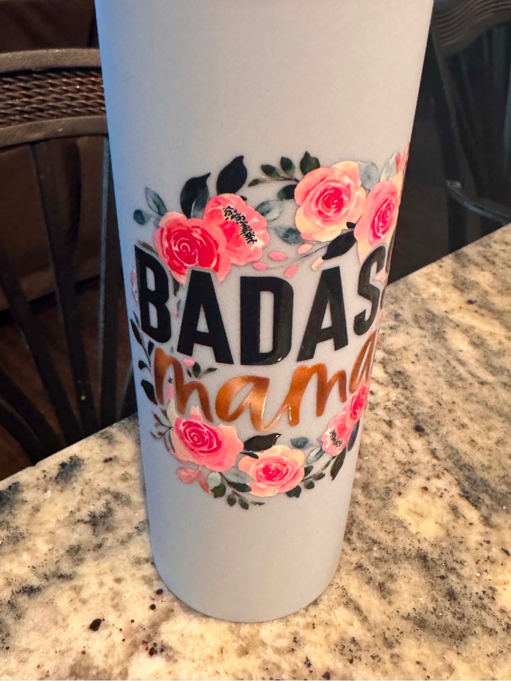 Badasse Mama Floral Stainless Tumbler - gray cup NEW IN BOX WITH STRAW